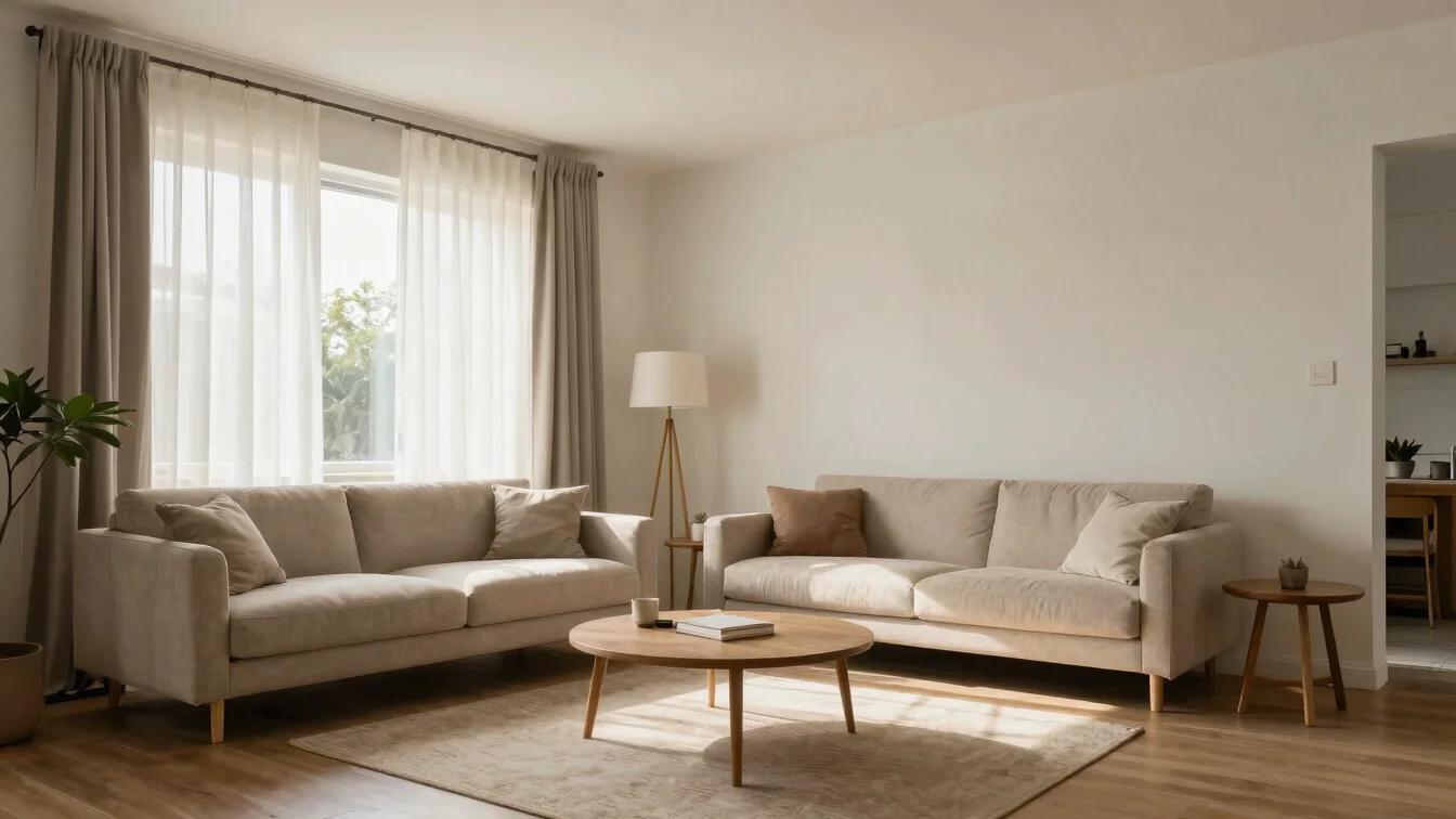 Fotografía editorial residencial de un salón luminoso con luz natural suave, tonos cálidos neutros, encuadre amplio, len