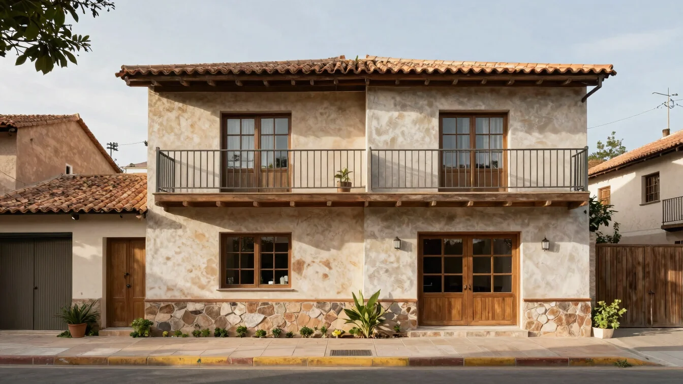 Detalle arquitectónico de carpintería y materiales naturales en una vivienda, luz natural suave, color realista