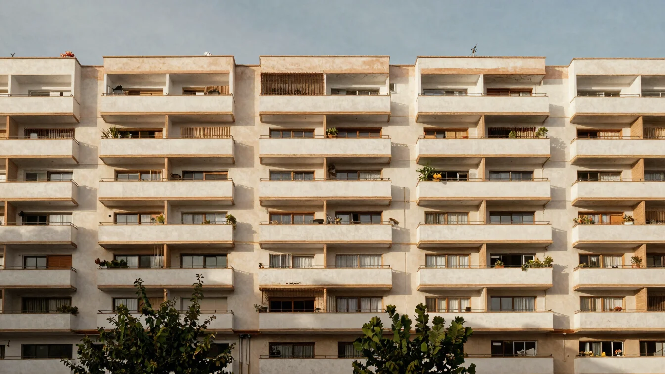 Fachada residencial de vegetación y luz propias del entorno mediterráneo español, encuadre arquitectónico amplio, luz na