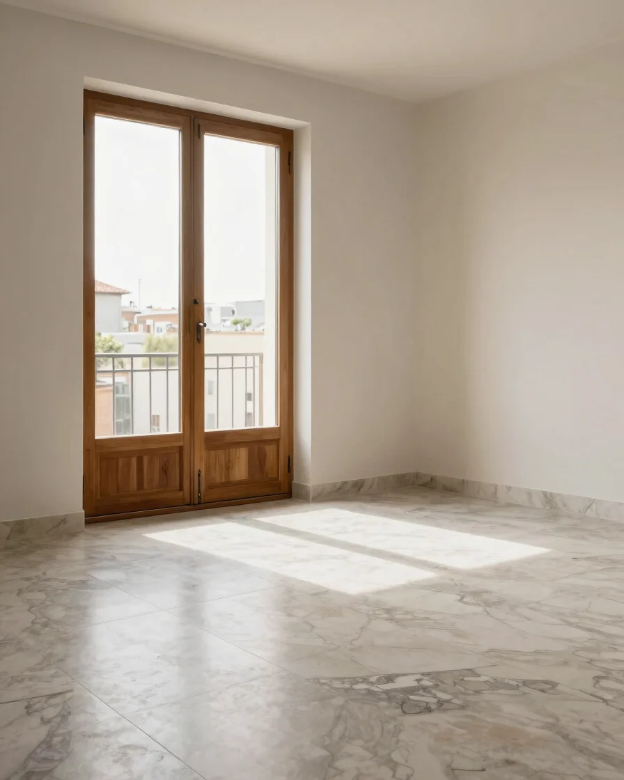 Detalle de acabados en una vivienda residencial española: suelo de baldosa hidráulica, carpintería de madera y luz natur