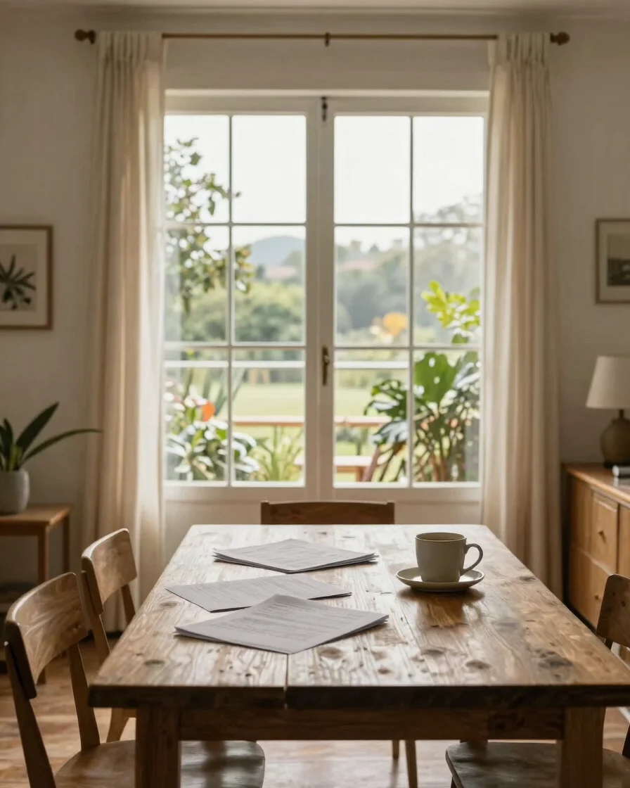 Fotografía editorial residencial de un salón luminoso con luz natural suave, tonos cálidos neutros, una mesa de madera c