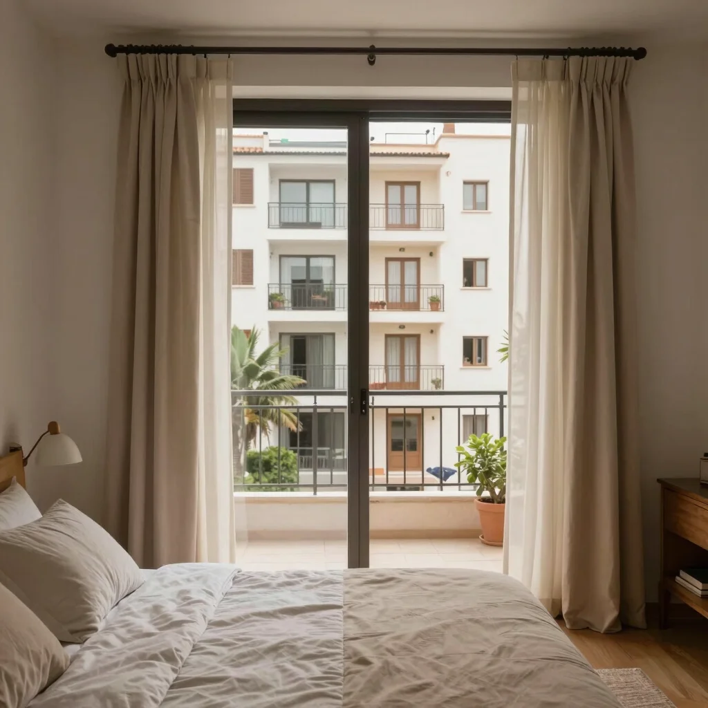 Dormitorio sereno con cama vestida en tonos neutros, persiana entreabierta y luz natural cálida, arquitectura residencia