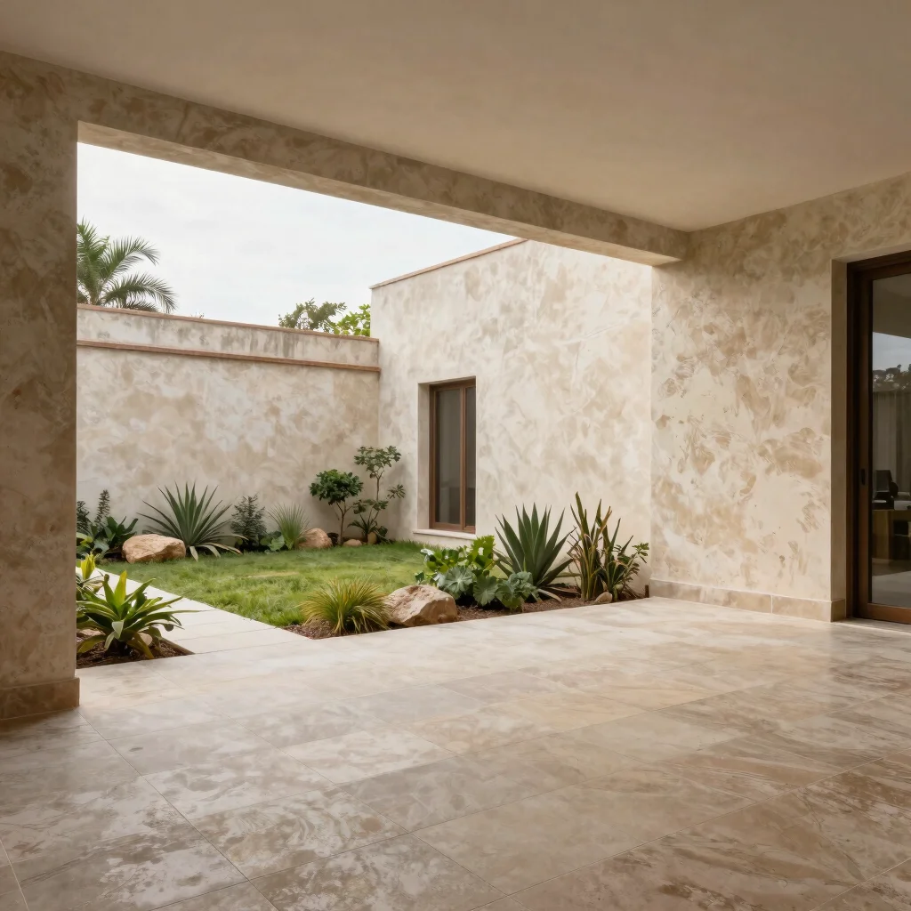 Patio interior de vivienda con pavimento cerámico, vegetación y muros encalados bajo luz de día suave, encuadre arquitec