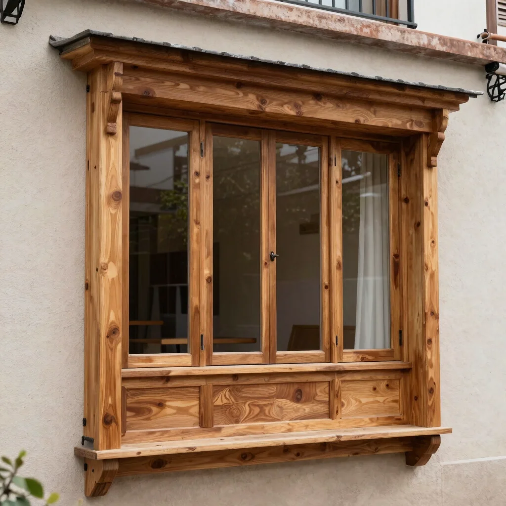Detalle de carpintería de madera y ventana con vistas a fachada residencial, luz natural suave, color realista