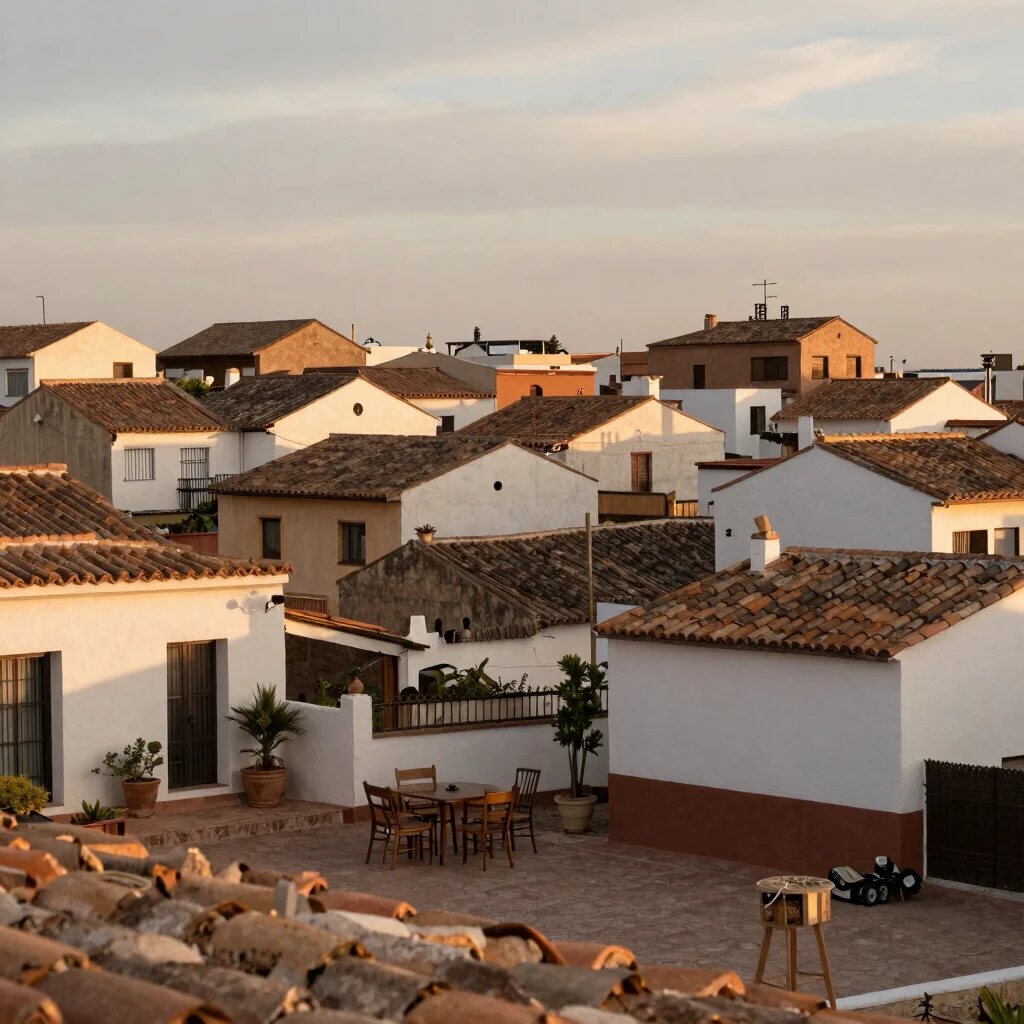 Terraza con mobiliario sencillo y vistas a tejados cerámicos, luz de tarde suave, tonos cálidos neutros