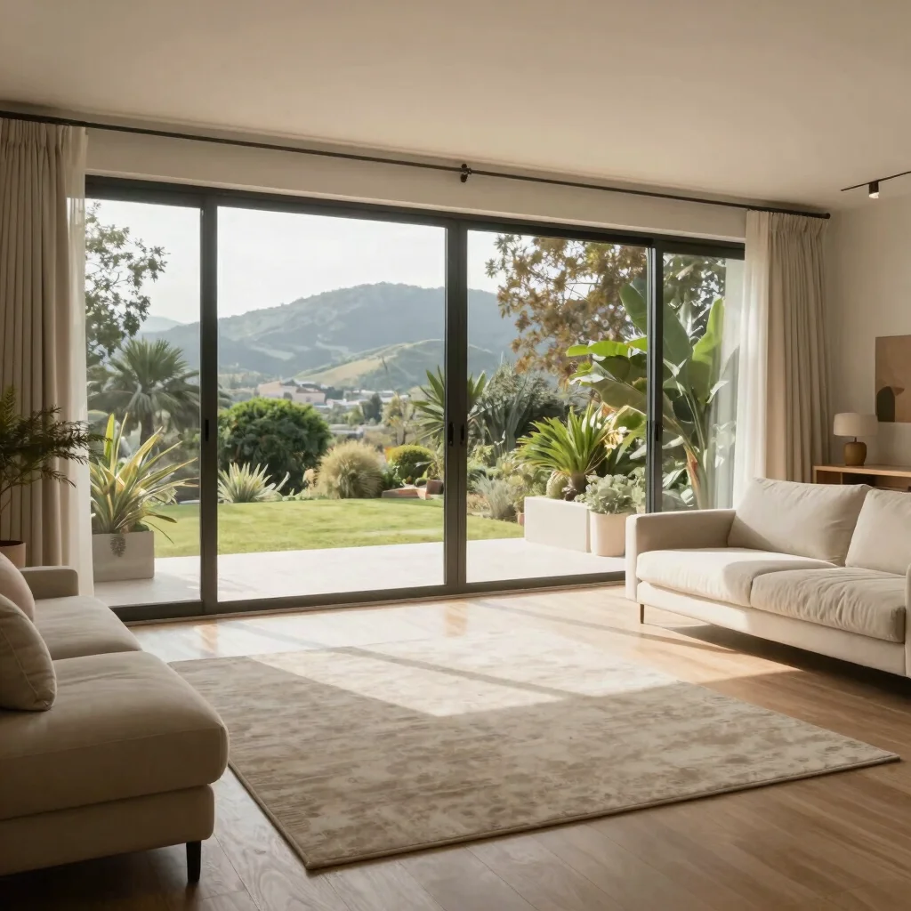 Fotografía editorial residencial de un salón amplio con luz natural suave, tonos cálidos neutros, ventanal con vistas a